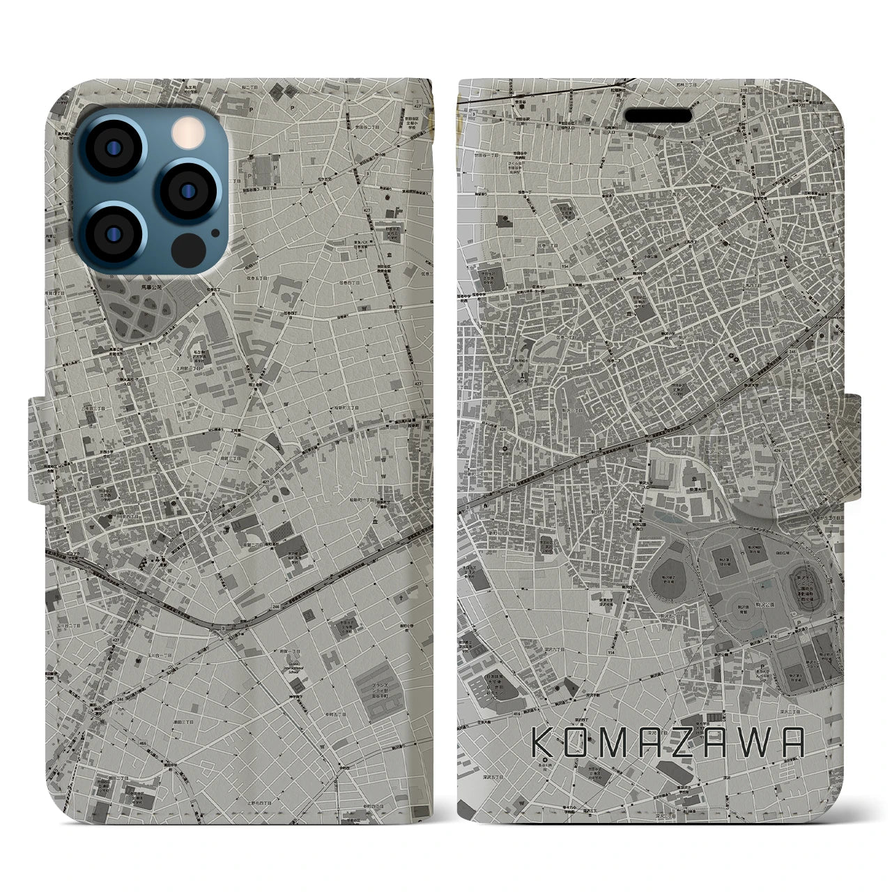 【駒沢(東京都)】地図柄iPhoneケース(手帳タイプ)モノトーン・iPhone 12 / 12 Pro 用