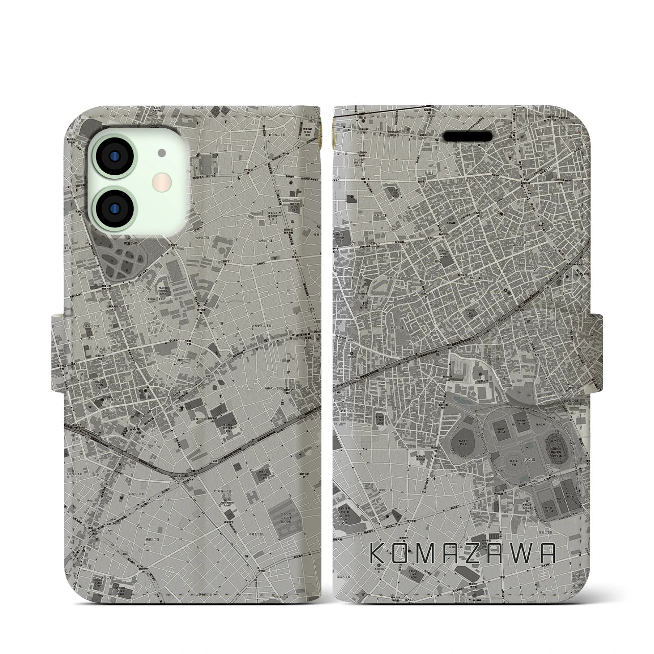 【駒沢(東京都)】地図柄iPhoneケース(手帳タイプ)モノトーン・iPhone 12 mini 用