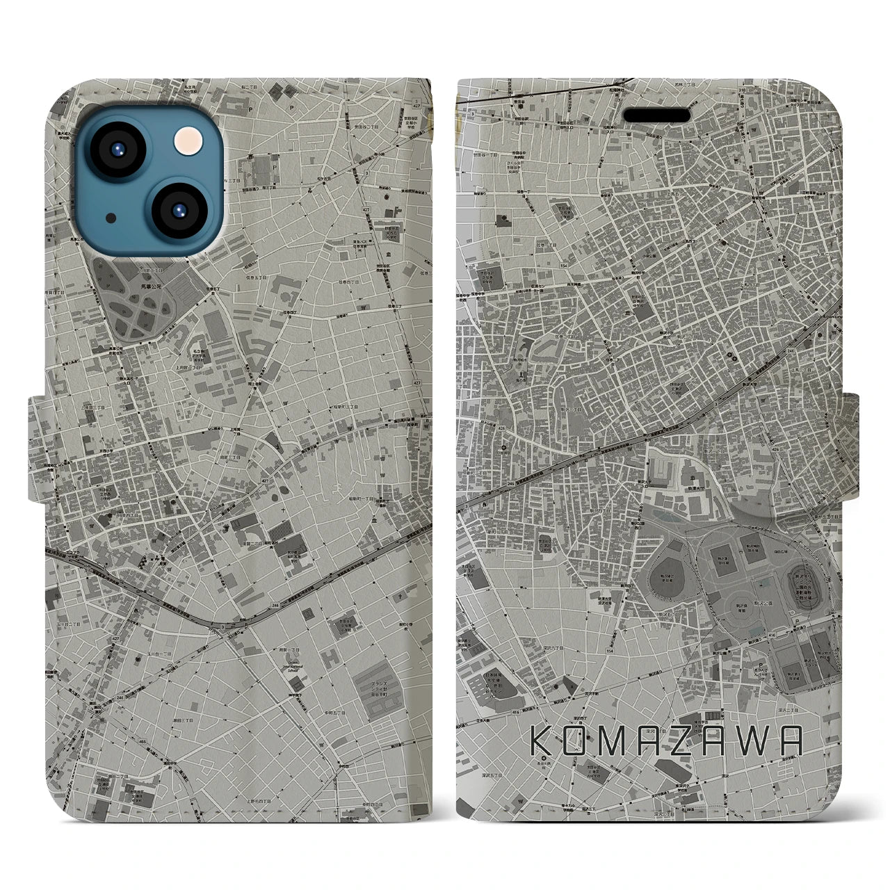 【駒沢(東京都)】地図柄iPhoneケース(手帳タイプ)モノトーン・iPhone 13 用