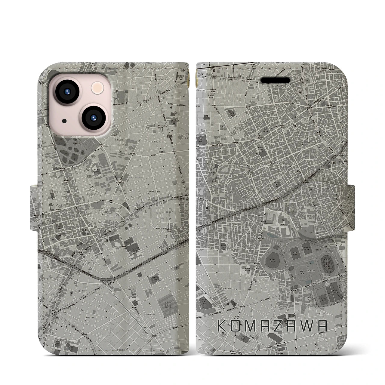 【駒沢(東京都)】地図柄iPhoneケース(手帳タイプ)モノトーン・iPhone 13 mini 用