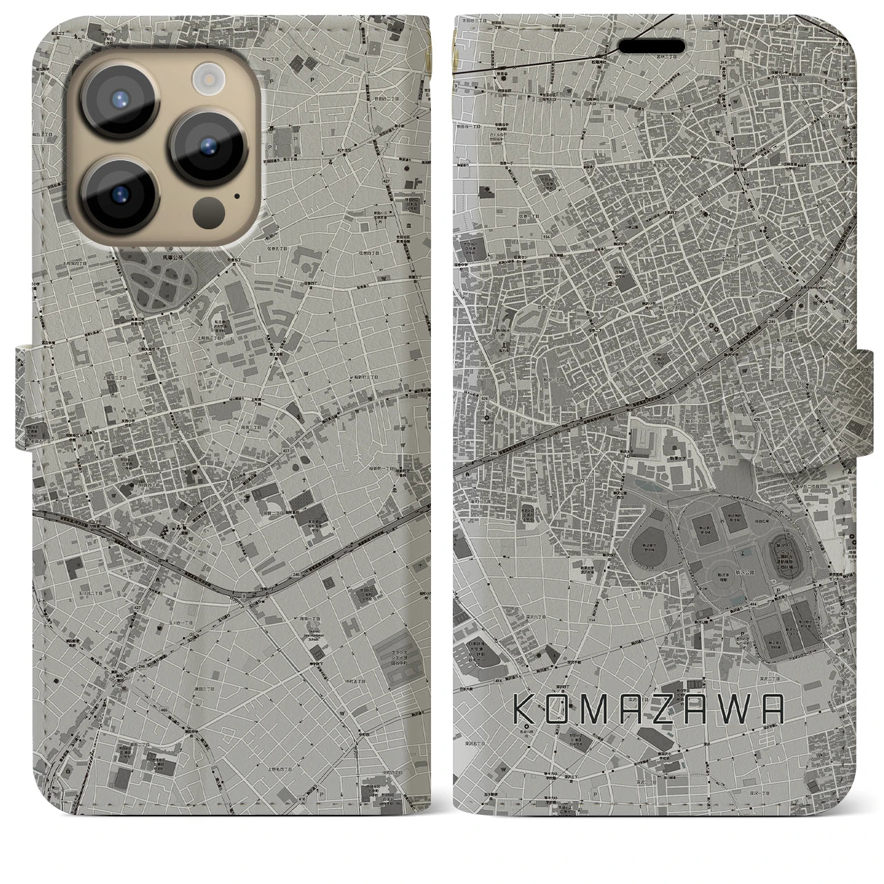 【駒沢(東京都)】地図柄iPhoneケース(手帳タイプ)モノトーン・iPhone 14 Pro Max 用