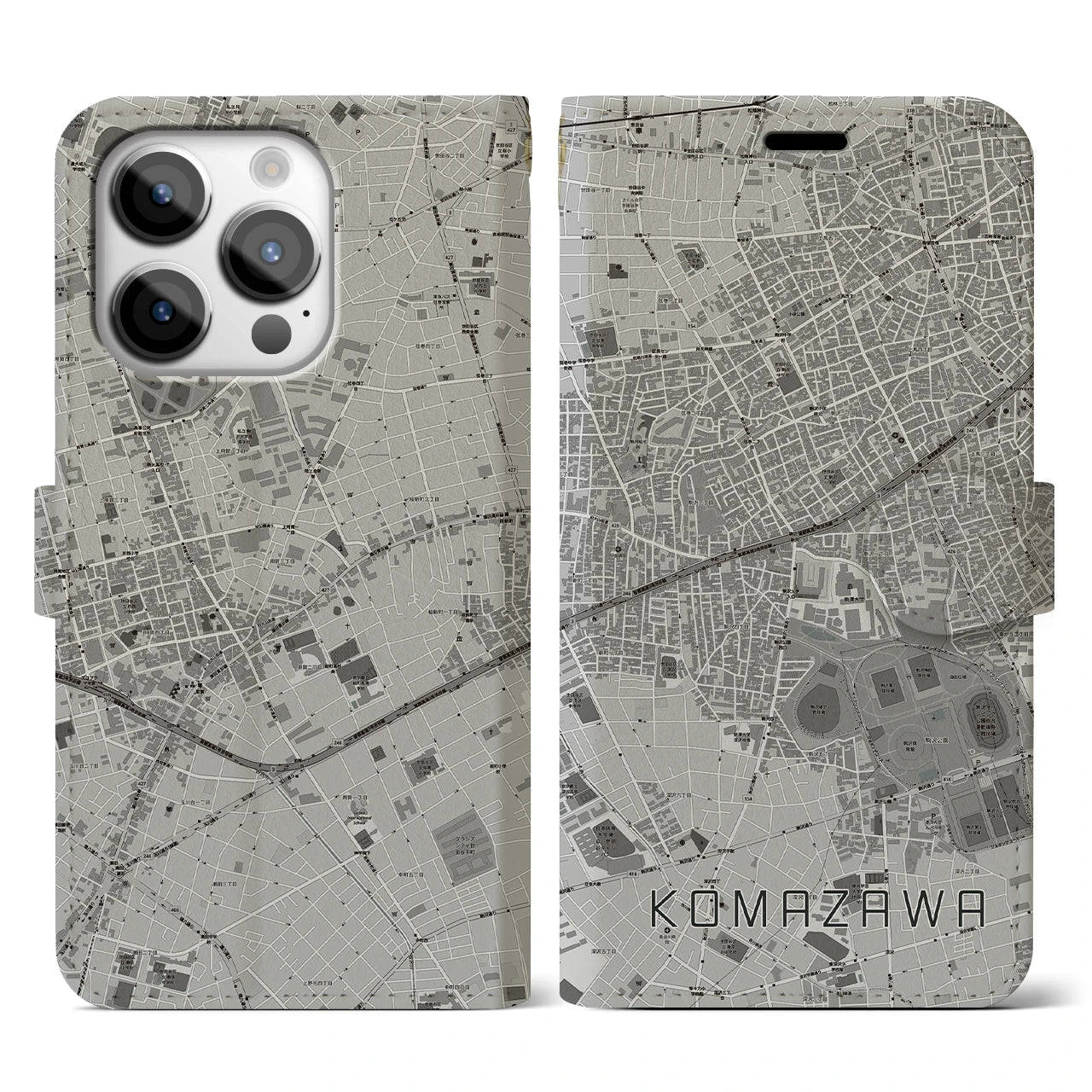 【駒沢(東京都)】地図柄iPhoneケース(手帳タイプ)モノトーン・iPhone 14 Pro 用