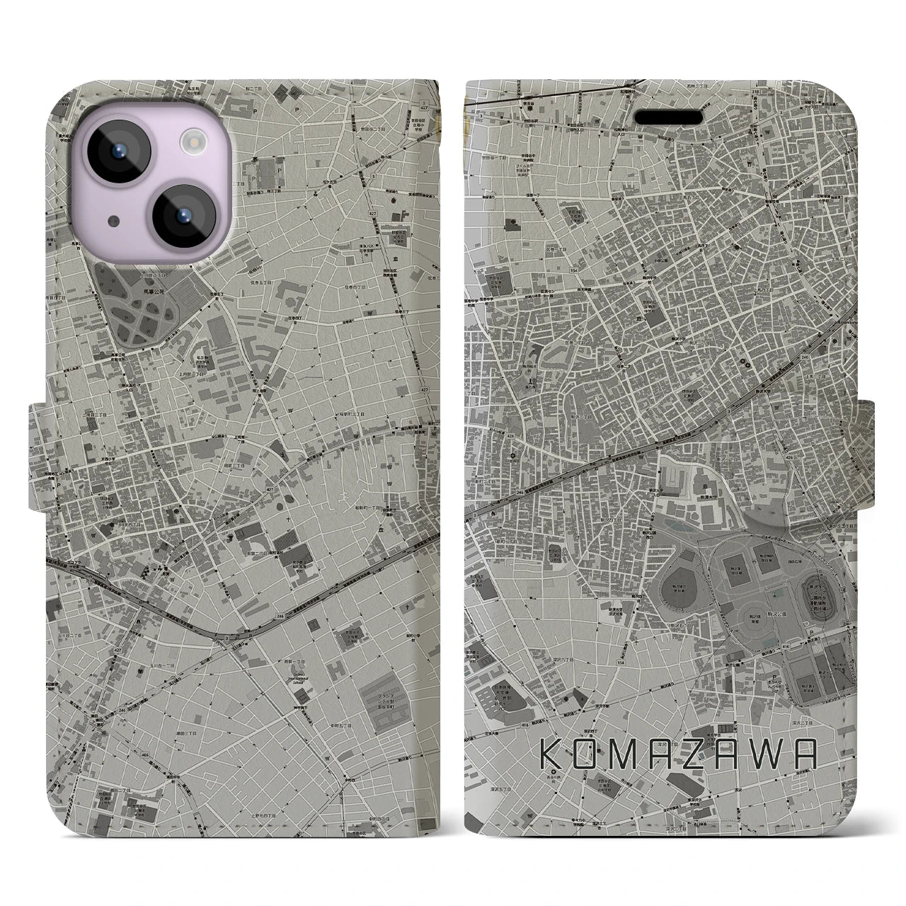 【駒沢(東京都)】地図柄iPhoneケース(手帳タイプ)モノトーン・iPhone 14 用