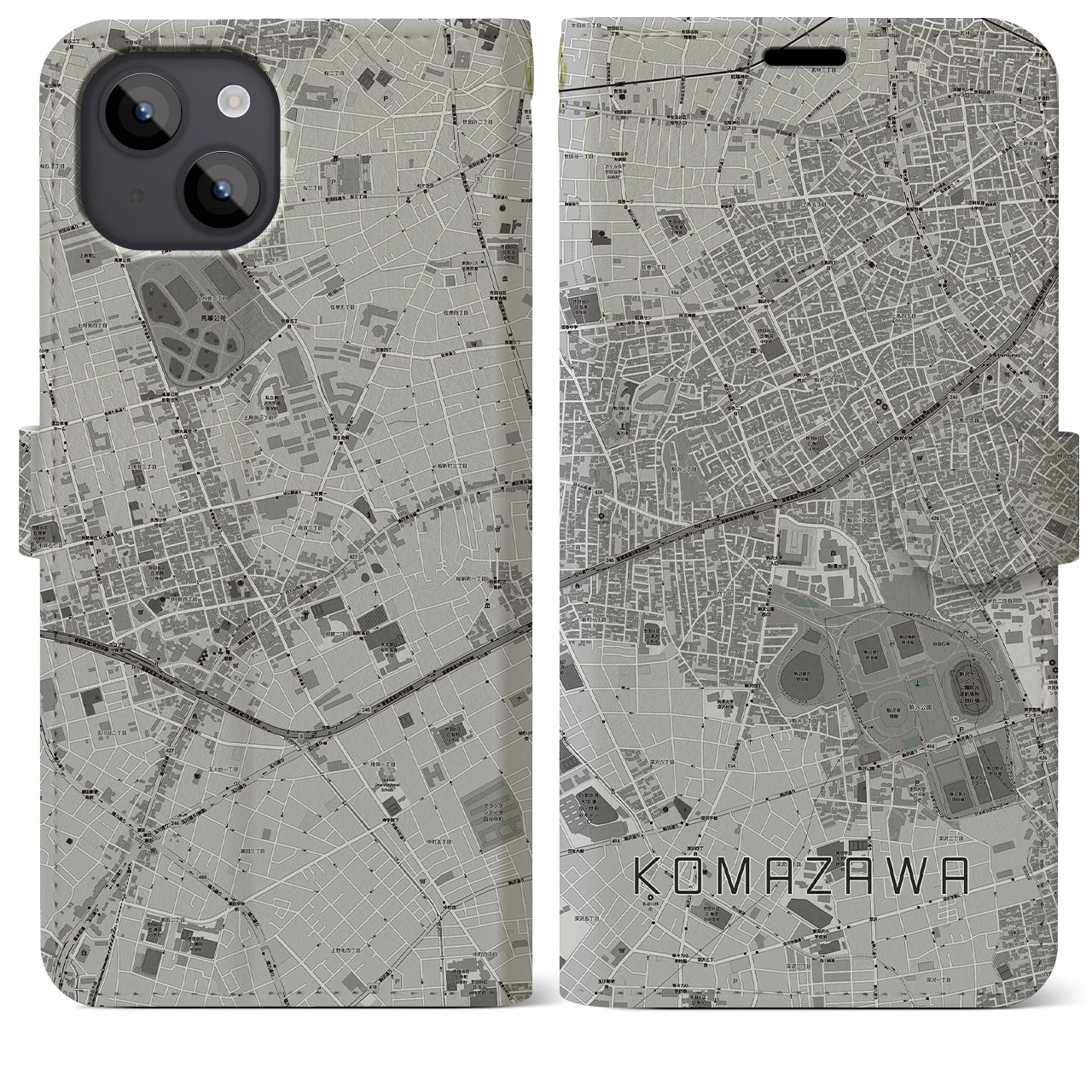 【駒沢(東京都)】地図柄iPhoneケース(手帳タイプ)モノトーン・iPhone 14 Plus 用