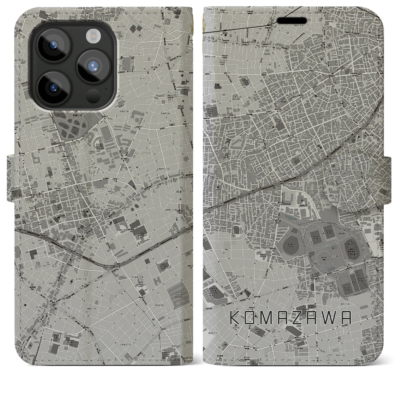 【駒沢(東京都)】地図柄iPhoneケース(手帳タイプ)モノトーン・iPhone 15 Pro Max 用