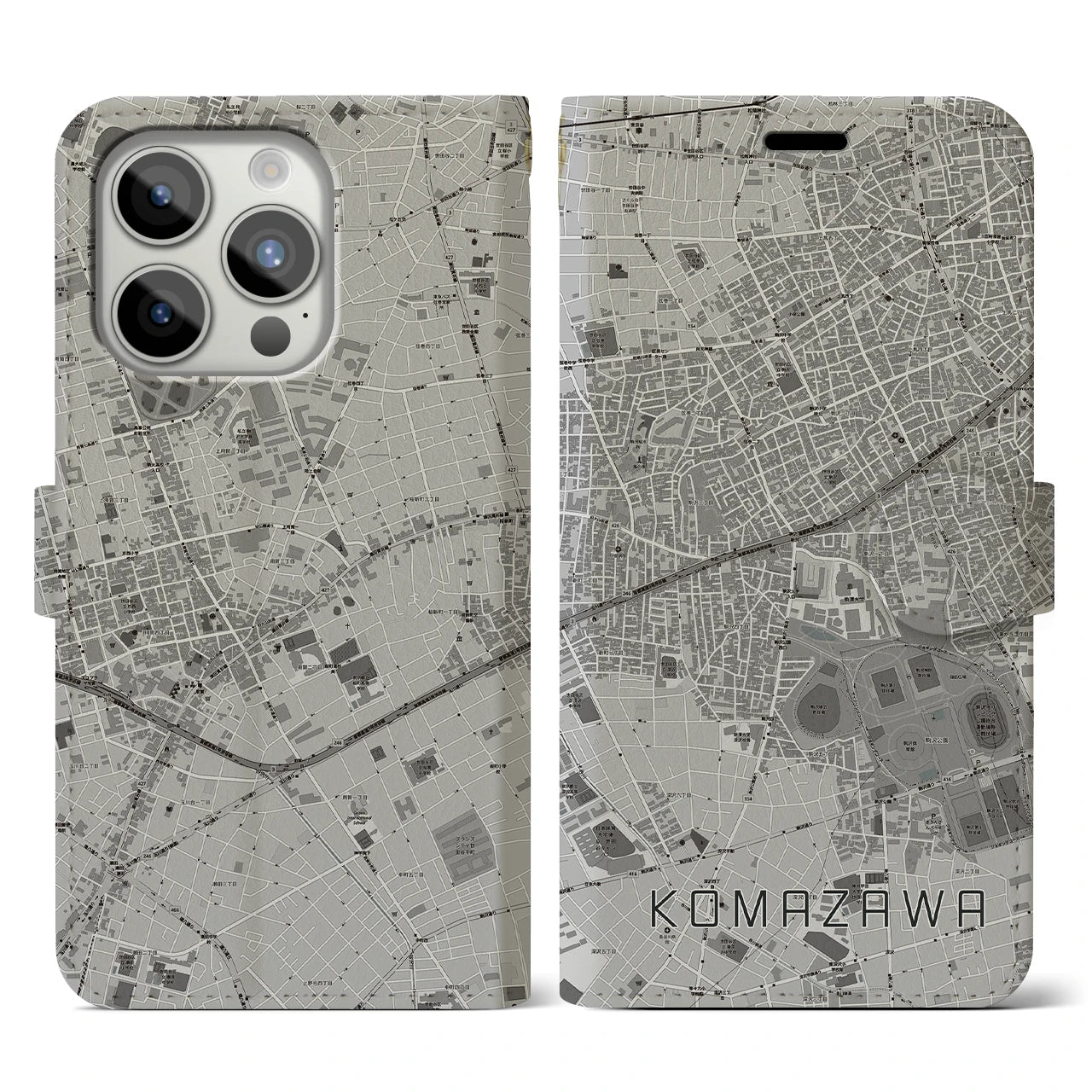 【駒沢(東京都)】地図柄iPhoneケース(手帳タイプ)モノトーン・iPhone 15 Pro 用
