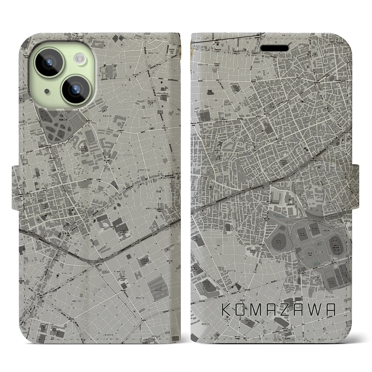 【駒沢(東京都)】地図柄iPhoneケース(手帳タイプ)モノトーン・iPhone 15 用