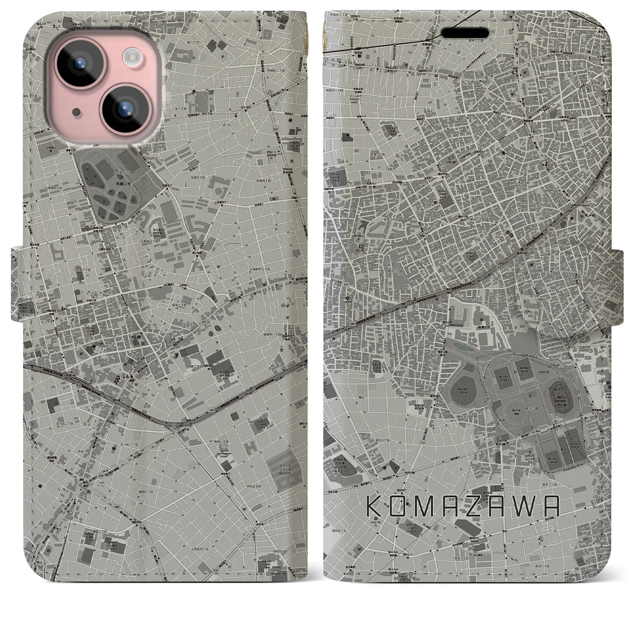 【駒沢(東京都)】地図柄iPhoneケース(手帳タイプ)モノトーン・iPhone 15 Plus 用