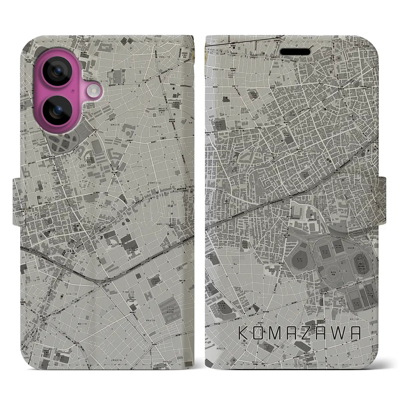 【駒沢(東京都)】地図柄iPhoneケース(手帳タイプ)モノトーン・iPhone 16 Pro 用
