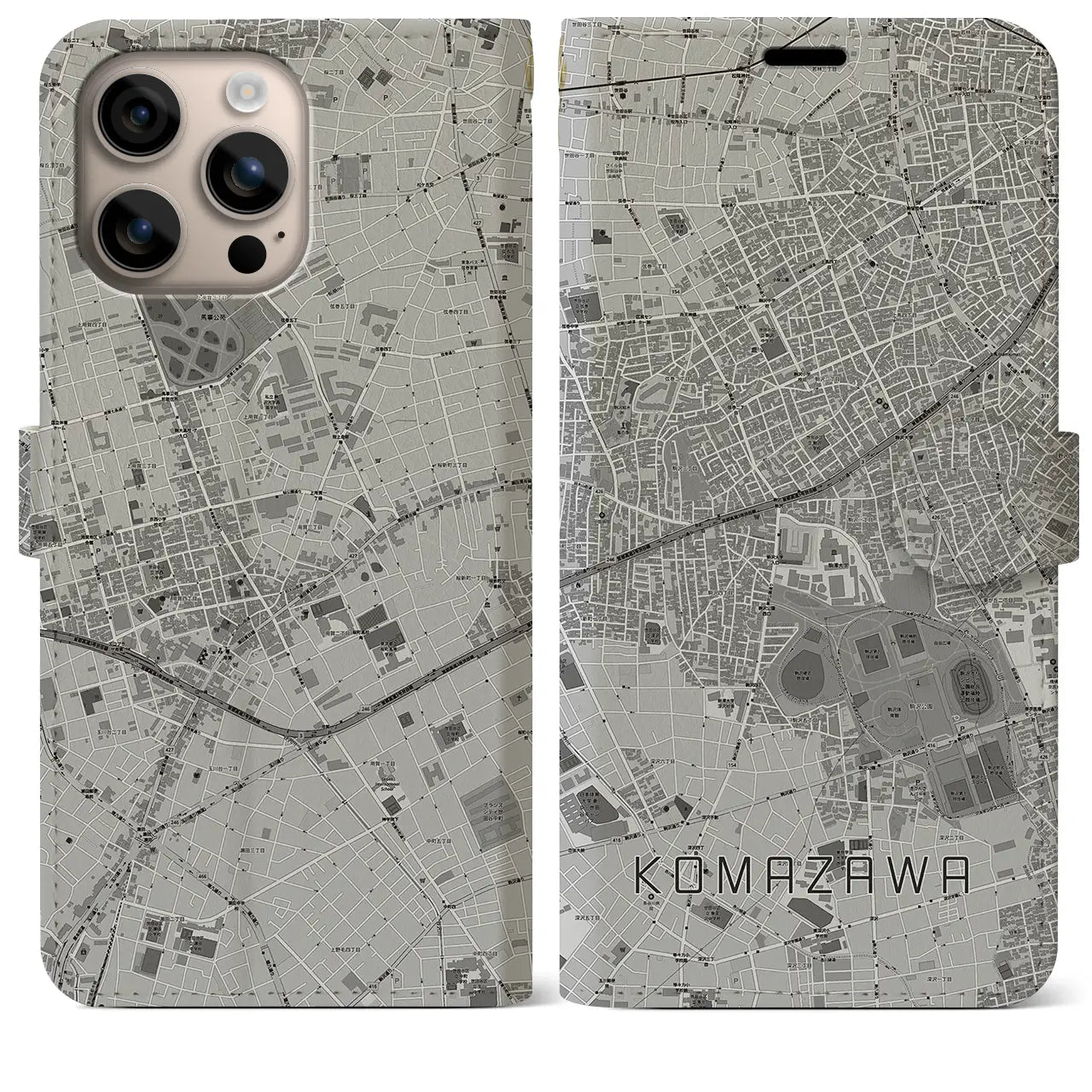【駒沢(東京都)】地図柄iPhoneケース(手帳タイプ)モノトーン・iPhone 16 Plus 用