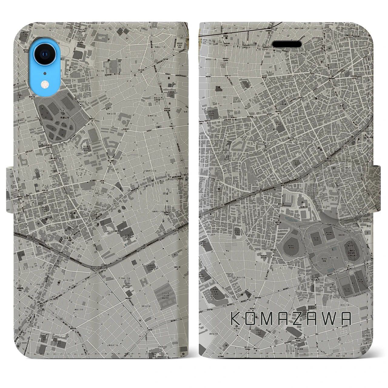【駒沢(東京都)】地図柄iPhoneケース(手帳タイプ)モノトーン・iPhone XR 用