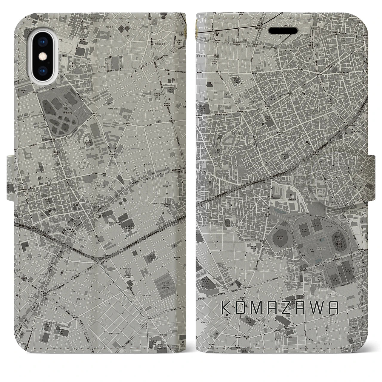 【駒沢(東京都)】地図柄iPhoneケース(手帳タイプ)モノトーン・iPhone XS Max 用