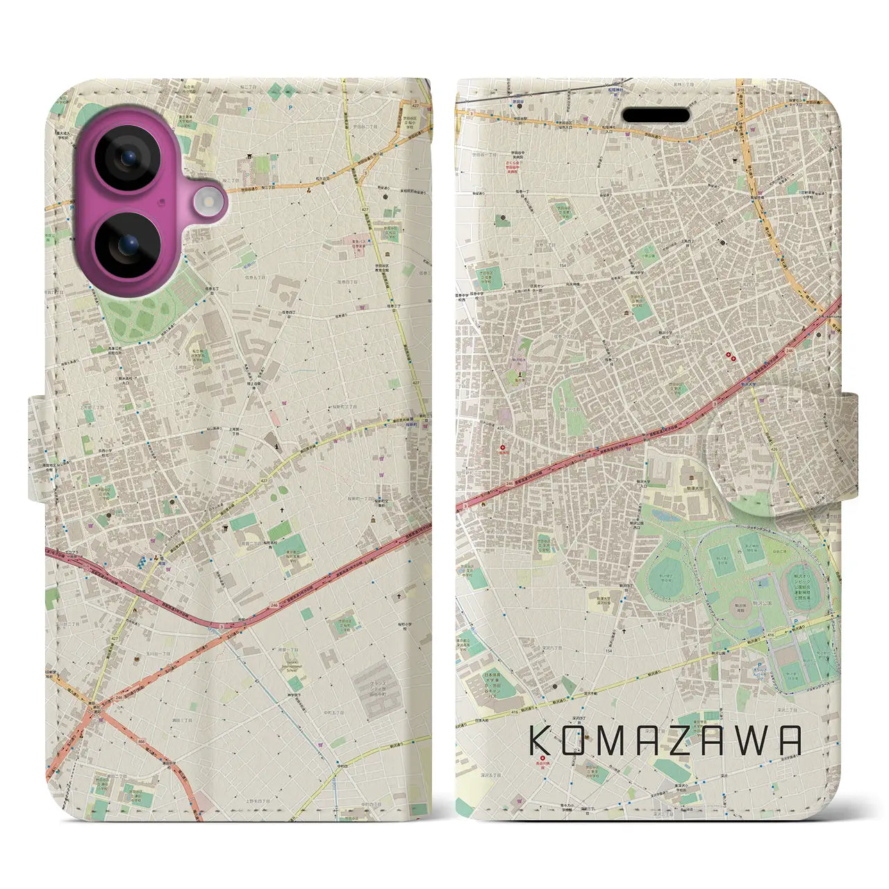 【駒沢(東京都)】地図柄iPhoneケース(手帳タイプ)ナチュラル・iPhone 16 Pro 用