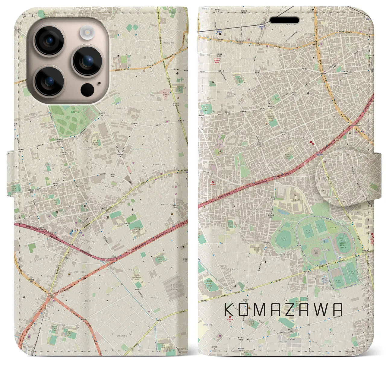 【駒沢(東京都)】地図柄iPhoneケース(手帳タイプ)ナチュラル・iPhone 16 Plus 用