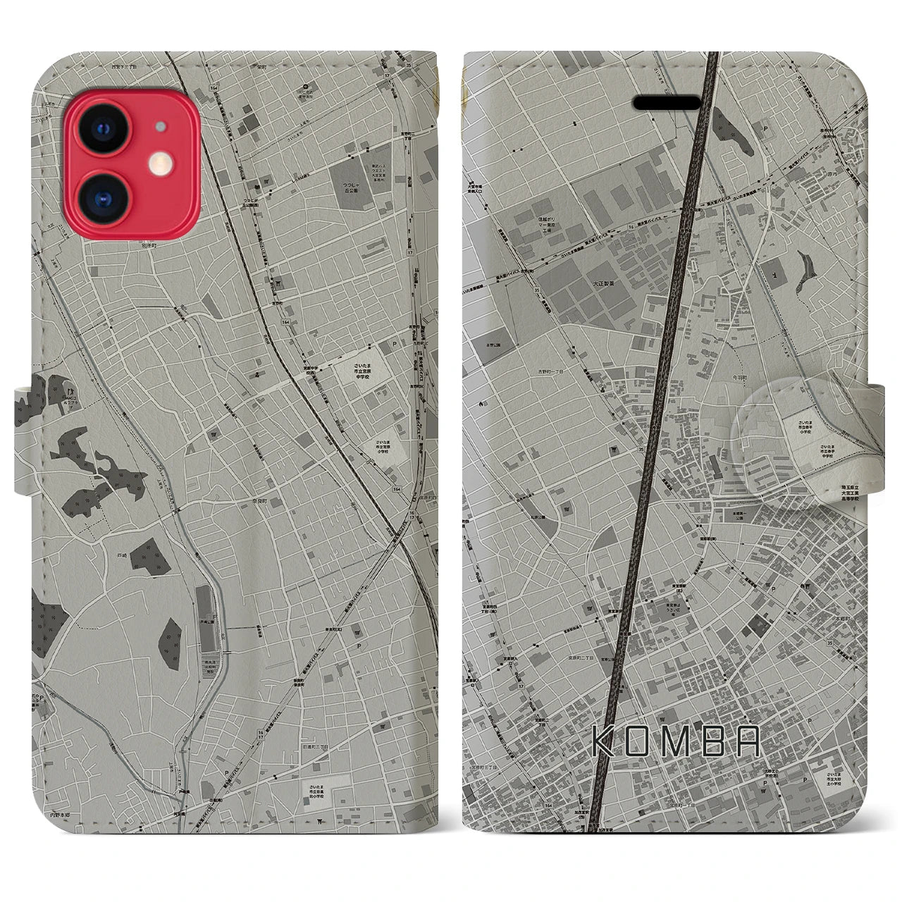 【今羽(埼玉県)】地図柄iPhoneケース(手帳タイプ)モノトーン・iPhone 11 用