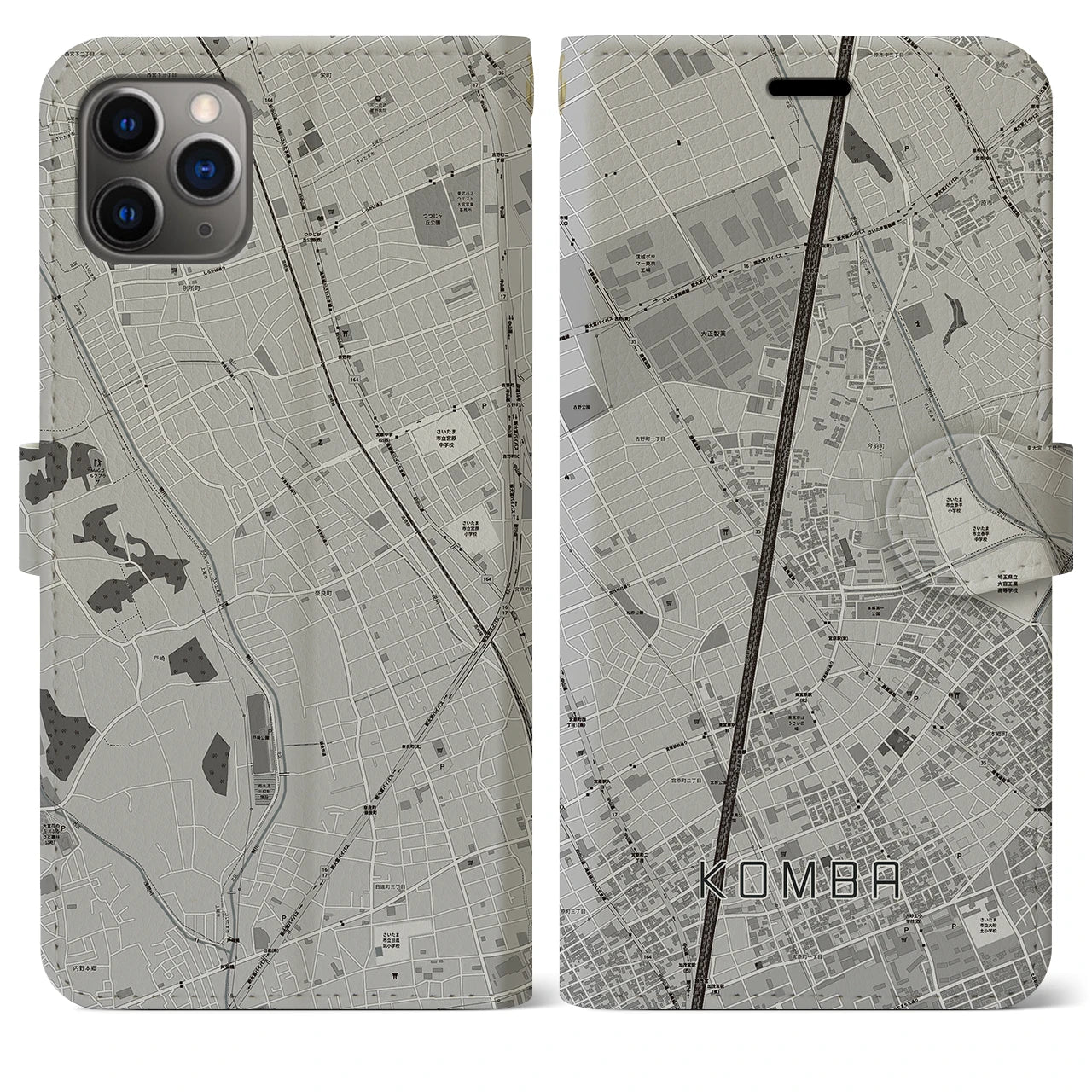 【今羽(埼玉県)】地図柄iPhoneケース(手帳タイプ)モノトーン・iPhone 11 Pro Max 用