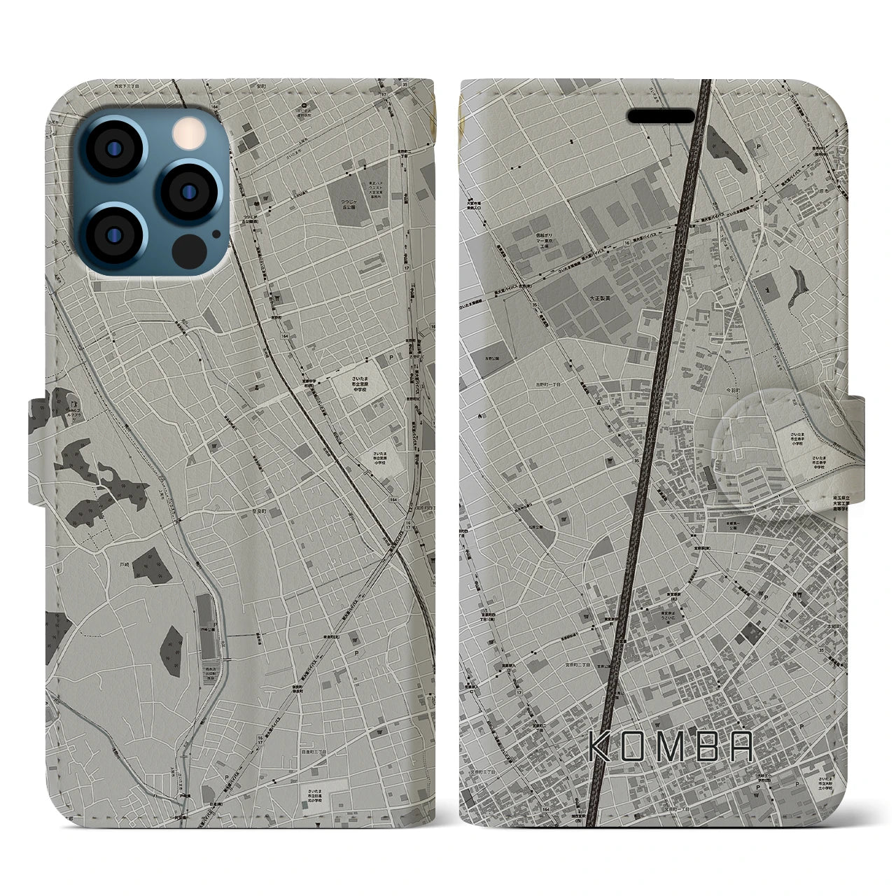 【今羽(埼玉県)】地図柄iPhoneケース(手帳タイプ)モノトーン・iPhone 12 / 12 Pro 用
