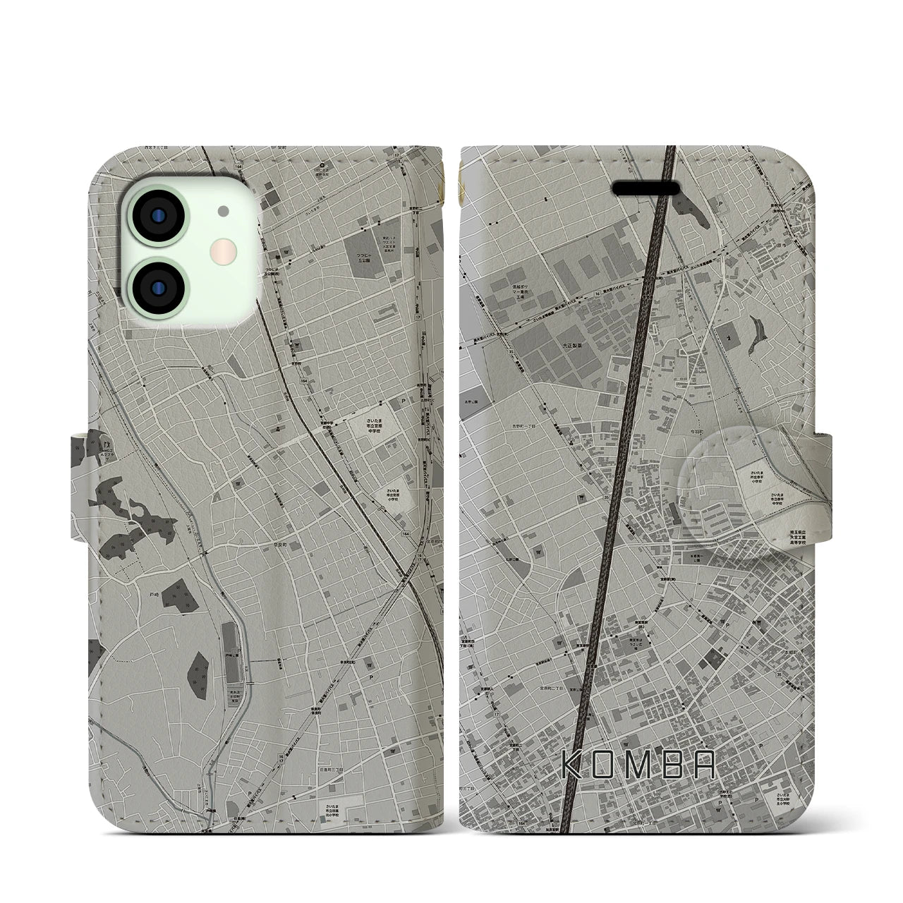 【今羽(埼玉県)】地図柄iPhoneケース(手帳タイプ)モノトーン・iPhone 12 mini 用