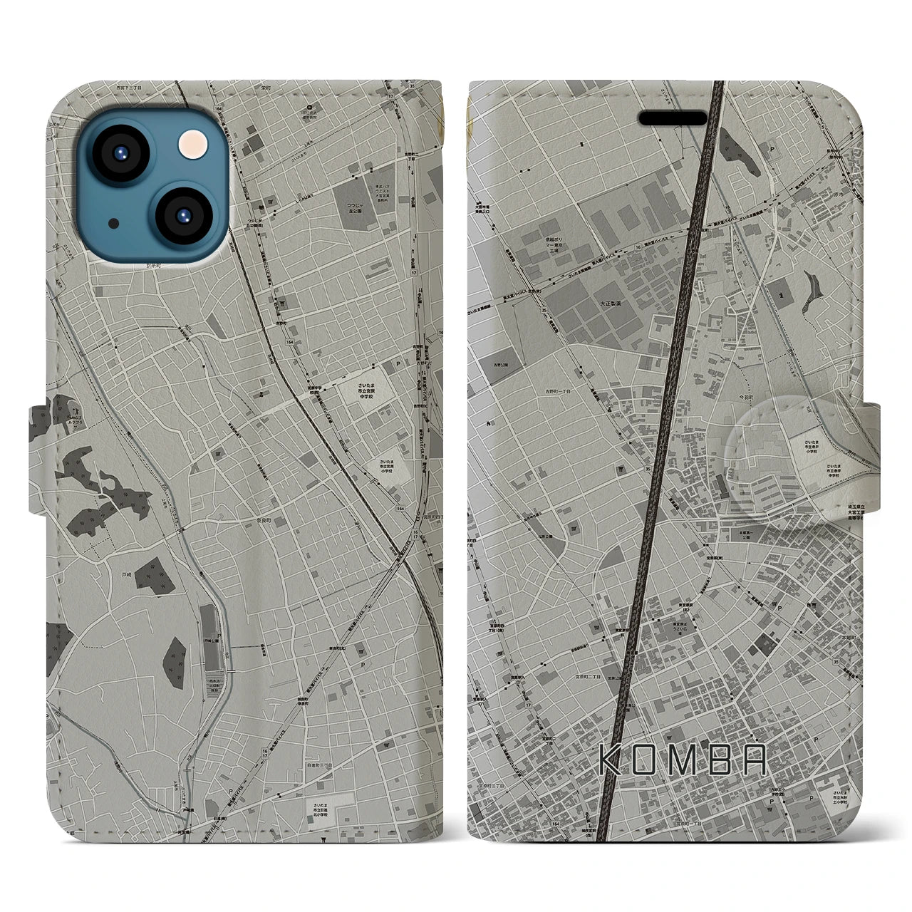 【今羽(埼玉県)】地図柄iPhoneケース(手帳タイプ)モノトーン・iPhone 13 用