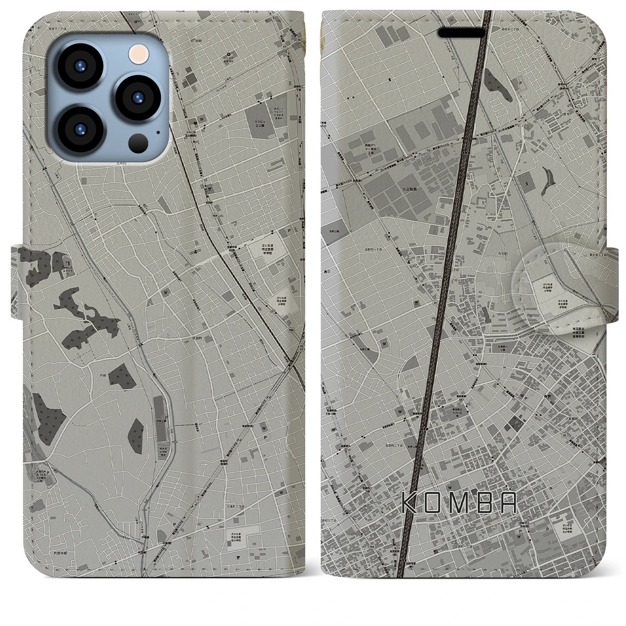 【今羽(埼玉県)】地図柄iPhoneケース(手帳タイプ)モノトーン・iPhone 13 Pro Max 用