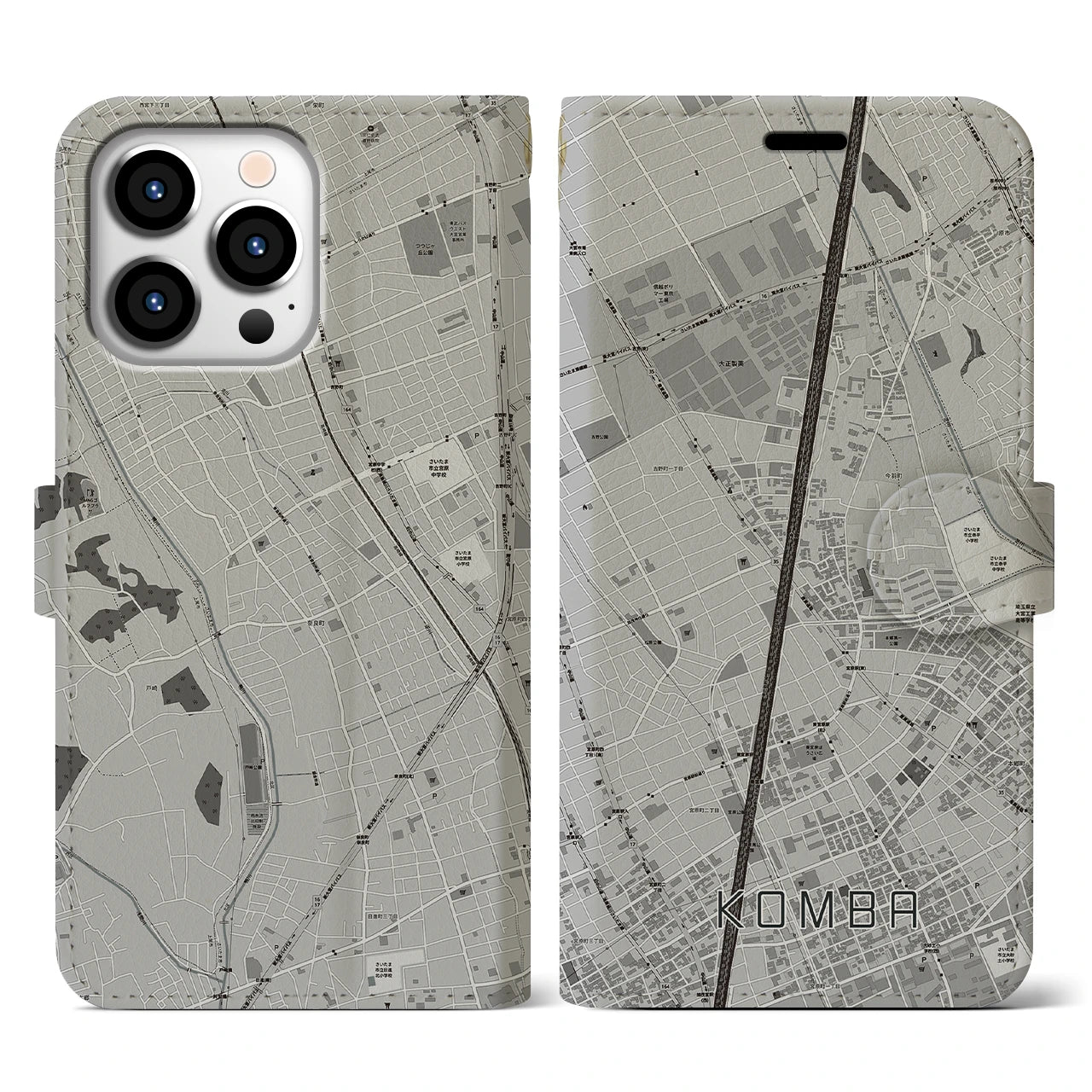 【今羽(埼玉県)】地図柄iPhoneケース(手帳タイプ)モノトーン・iPhone 13 Pro 用