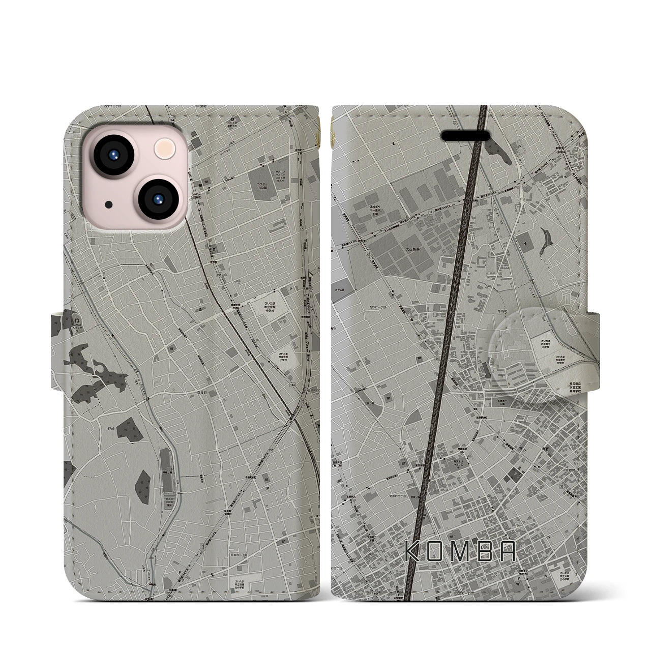 【今羽(埼玉県)】地図柄iPhoneケース(手帳タイプ)モノトーン・iPhone 13 mini 用