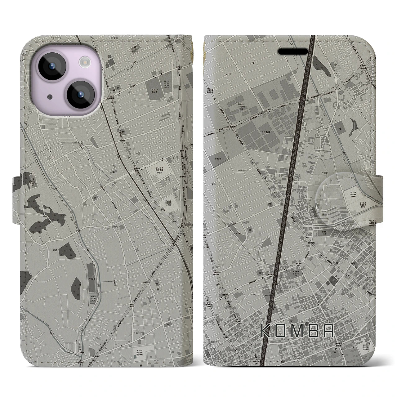 【今羽(埼玉県)】地図柄iPhoneケース(手帳タイプ)モノトーン・iPhone 14 用