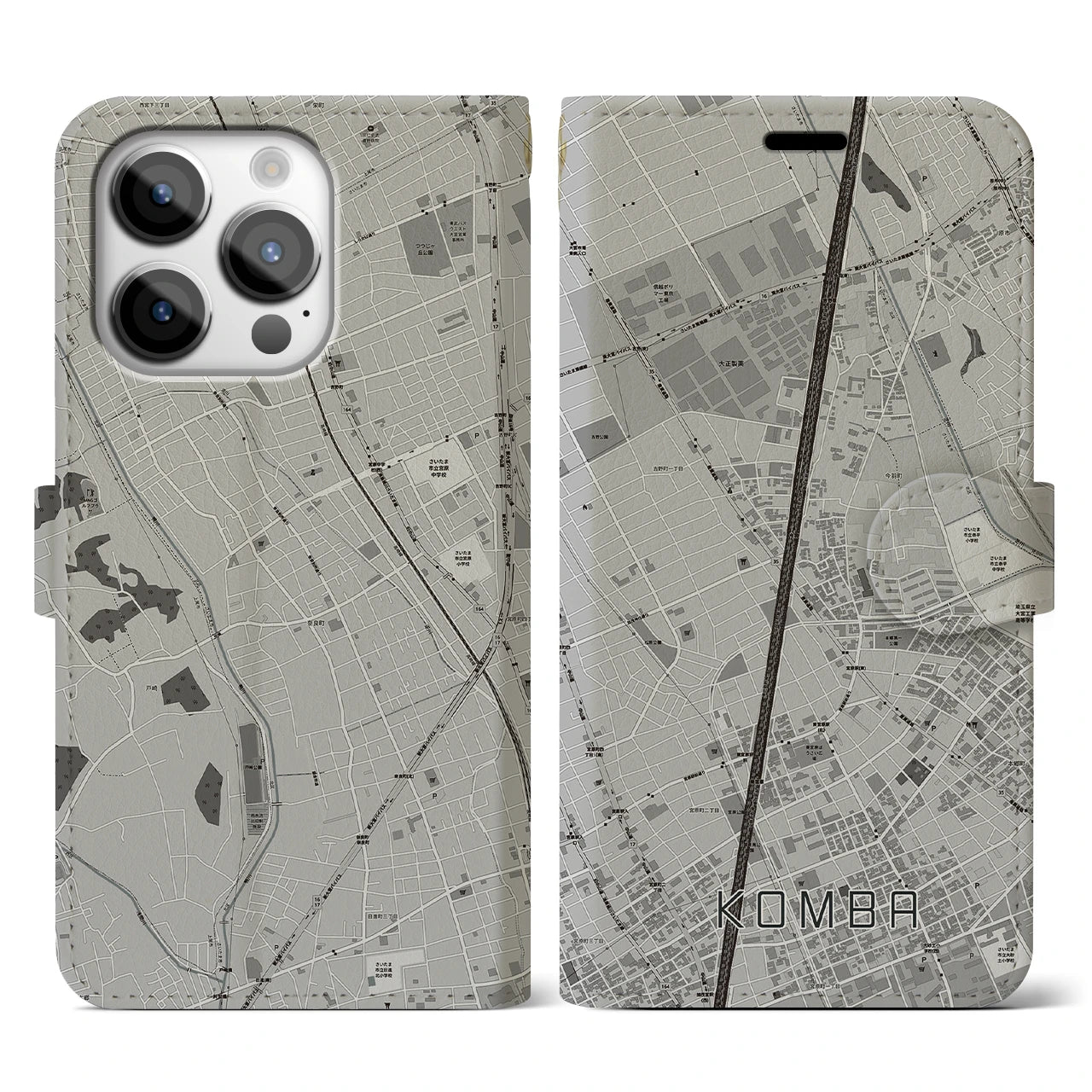 【今羽(埼玉県)】地図柄iPhoneケース(手帳タイプ)モノトーン・iPhone 14 Pro 用