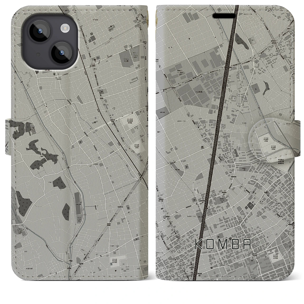 【今羽(埼玉県)】地図柄iPhoneケース(手帳タイプ)モノトーン・iPhone 14 Plus 用