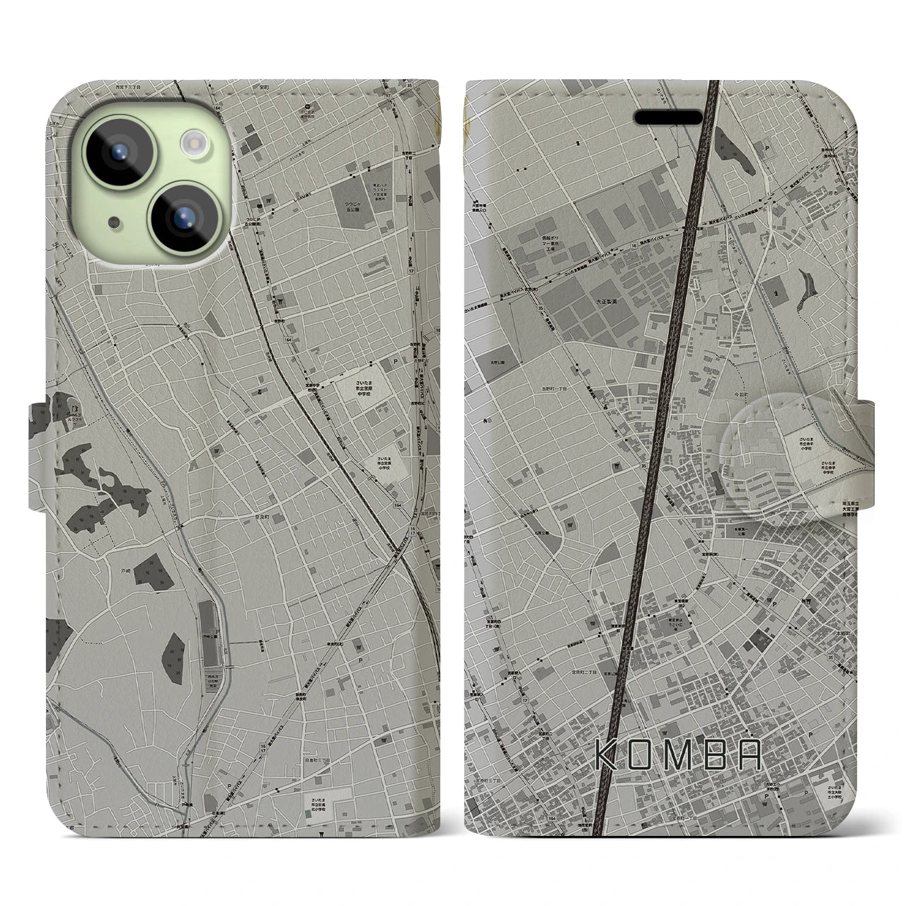 【今羽(埼玉県)】地図柄iPhoneケース(手帳タイプ)モノトーン・iPhone 15 用