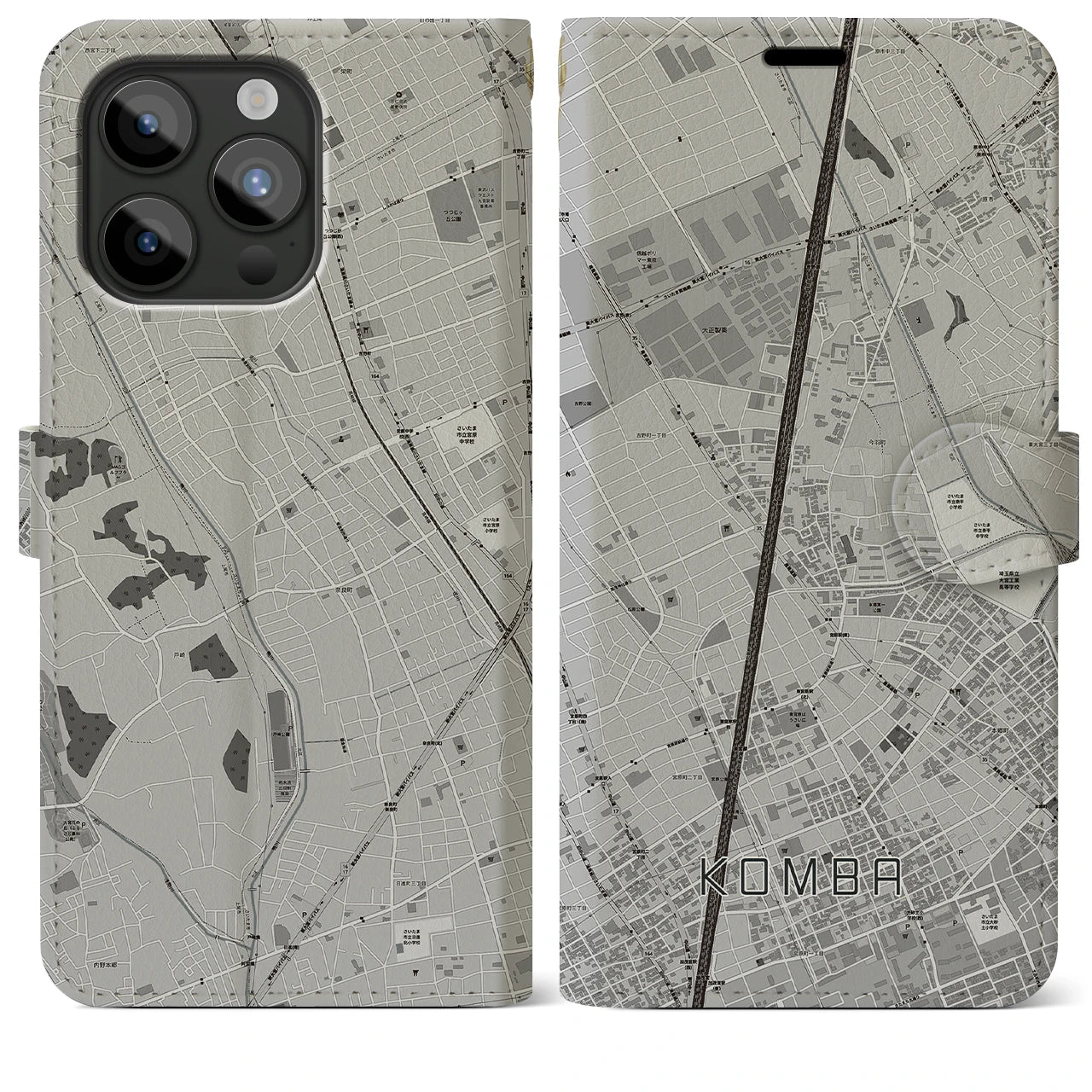 【今羽(埼玉県)】地図柄iPhoneケース(手帳タイプ)モノトーン・iPhone 15 Pro Max 用