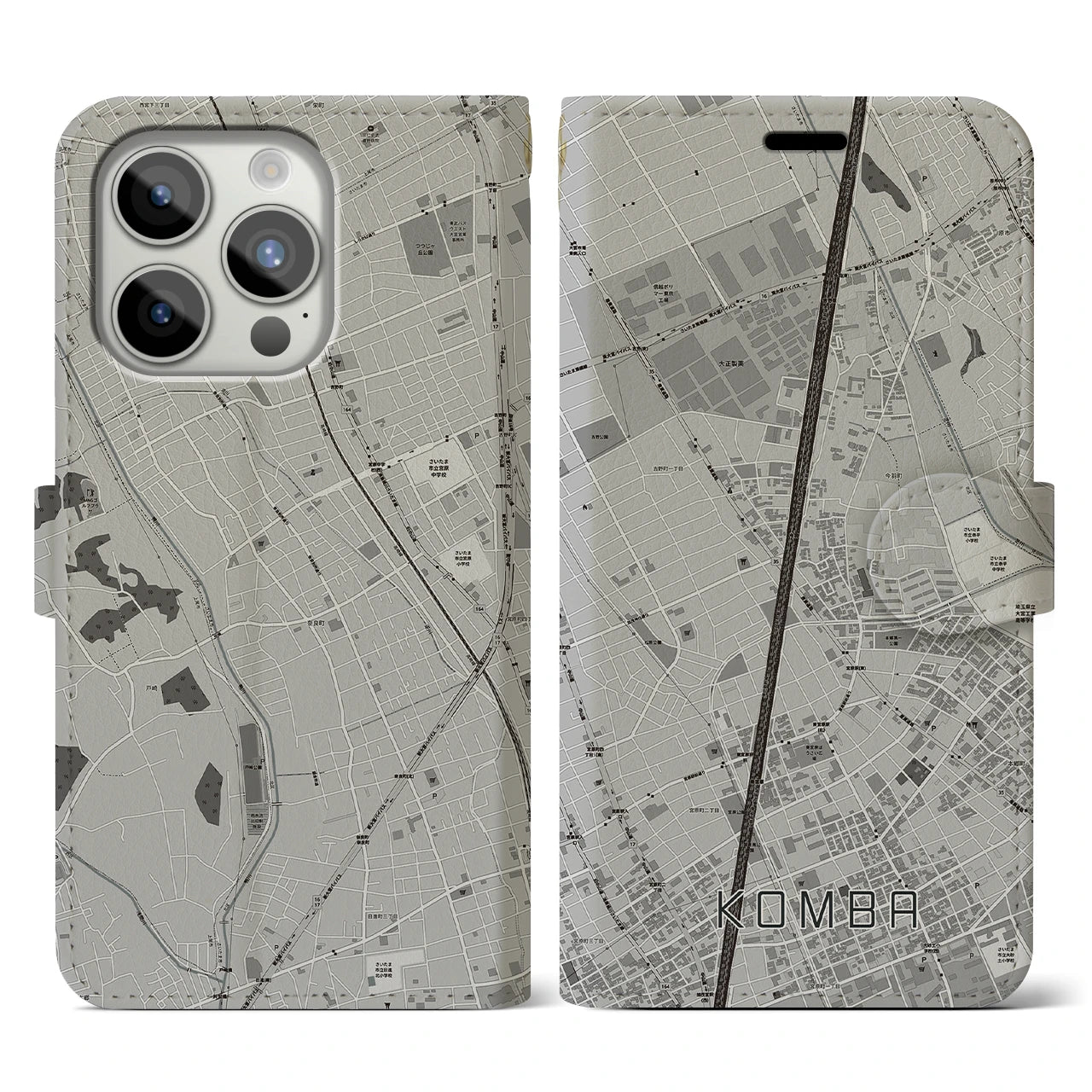 【今羽(埼玉県)】地図柄iPhoneケース(手帳タイプ)モノトーン・iPhone 15 Pro 用