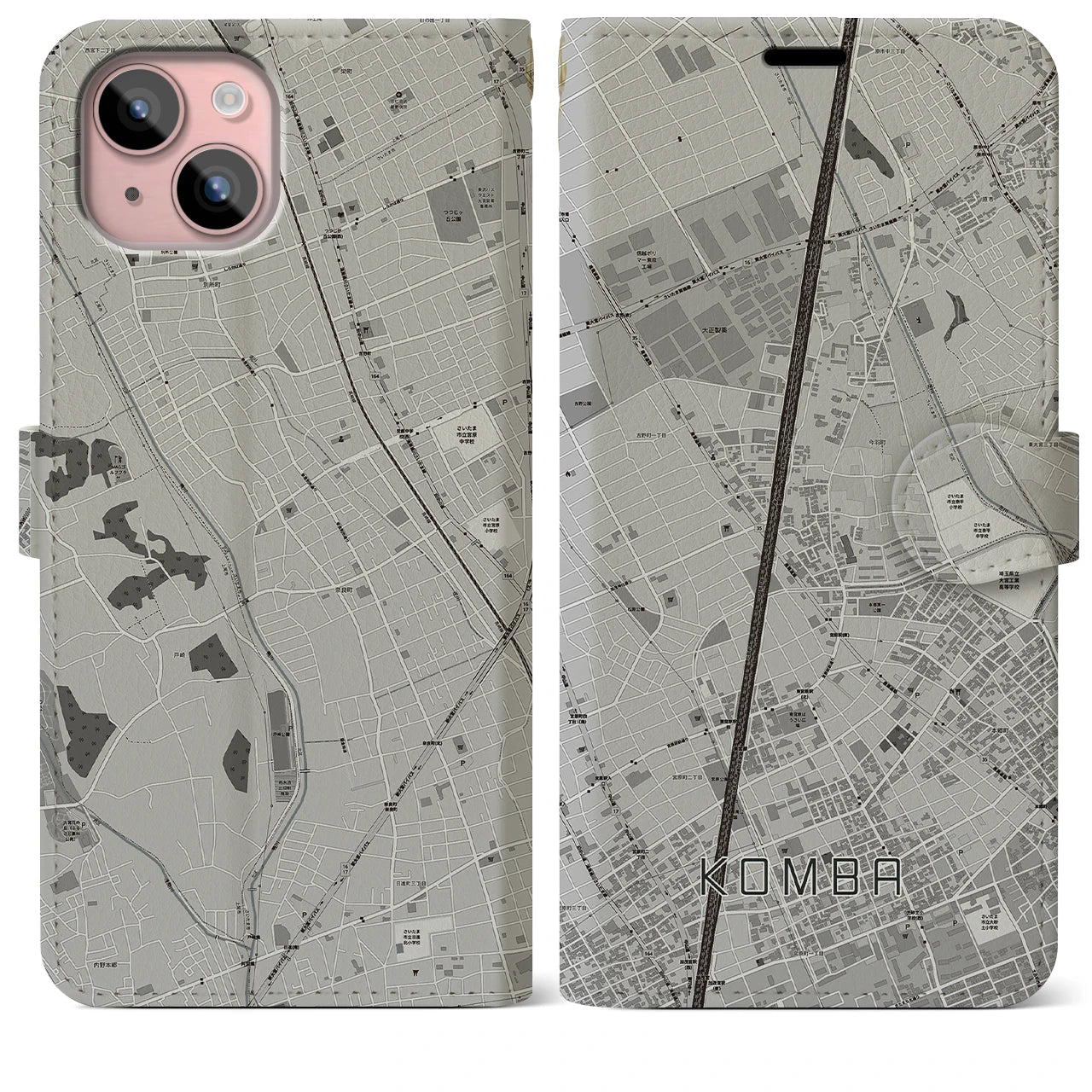【今羽(埼玉県)】地図柄iPhoneケース(手帳タイプ)モノトーン・iPhone 15 Plus 用
