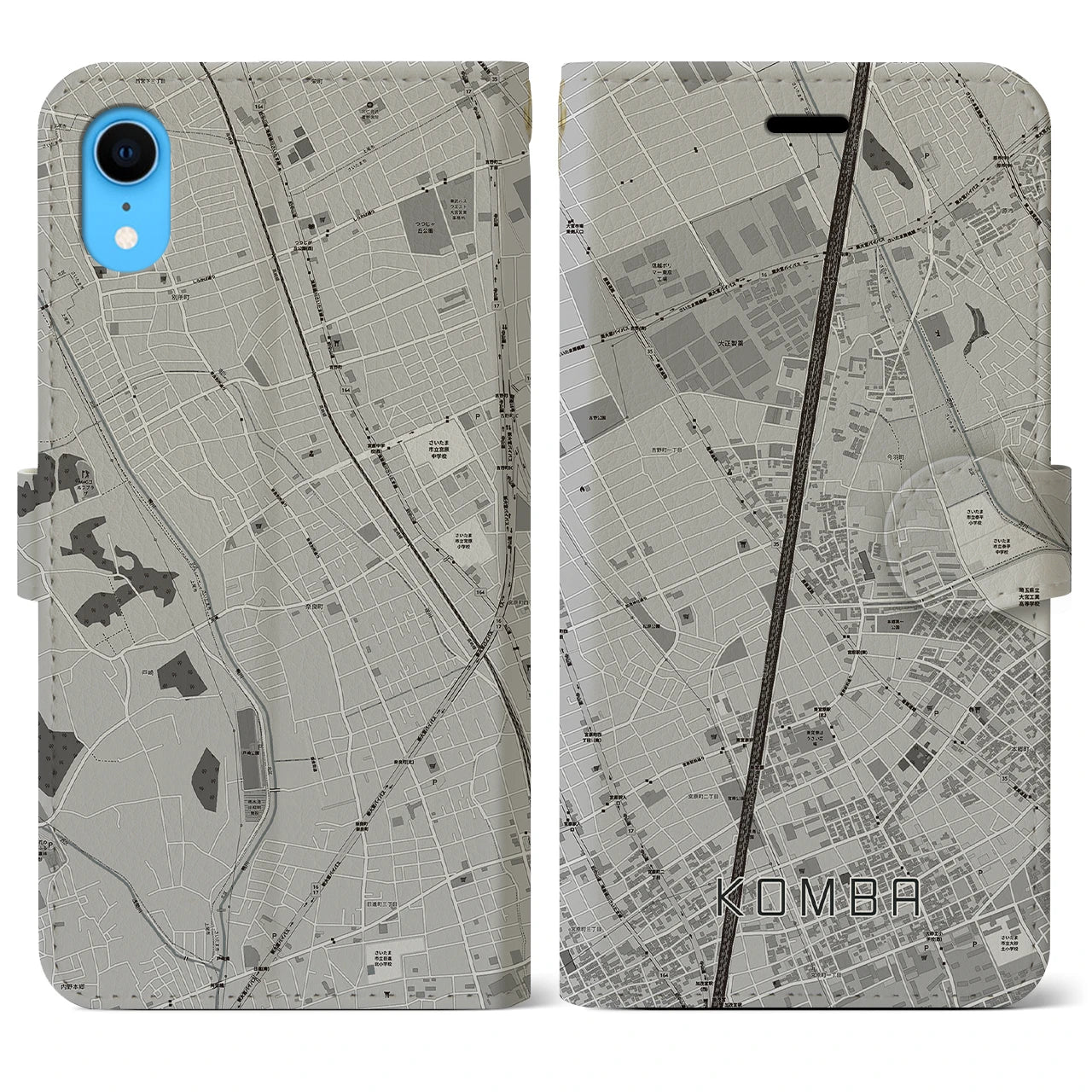 【今羽(埼玉県)】地図柄iPhoneケース(手帳タイプ)モノトーン・iPhone XR 用