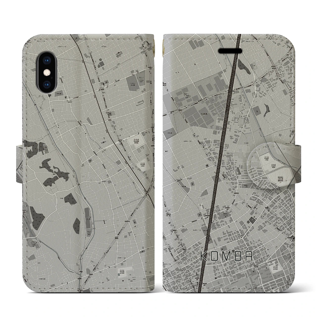 【今羽(埼玉県)】地図柄iPhoneケース(手帳タイプ)モノトーン・iPhone XS / X 用