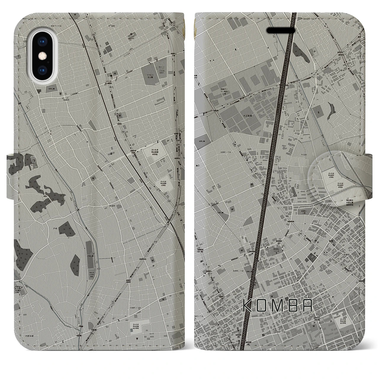 【今羽(埼玉県)】地図柄iPhoneケース(手帳タイプ)モノトーン・iPhone XS Max 用
