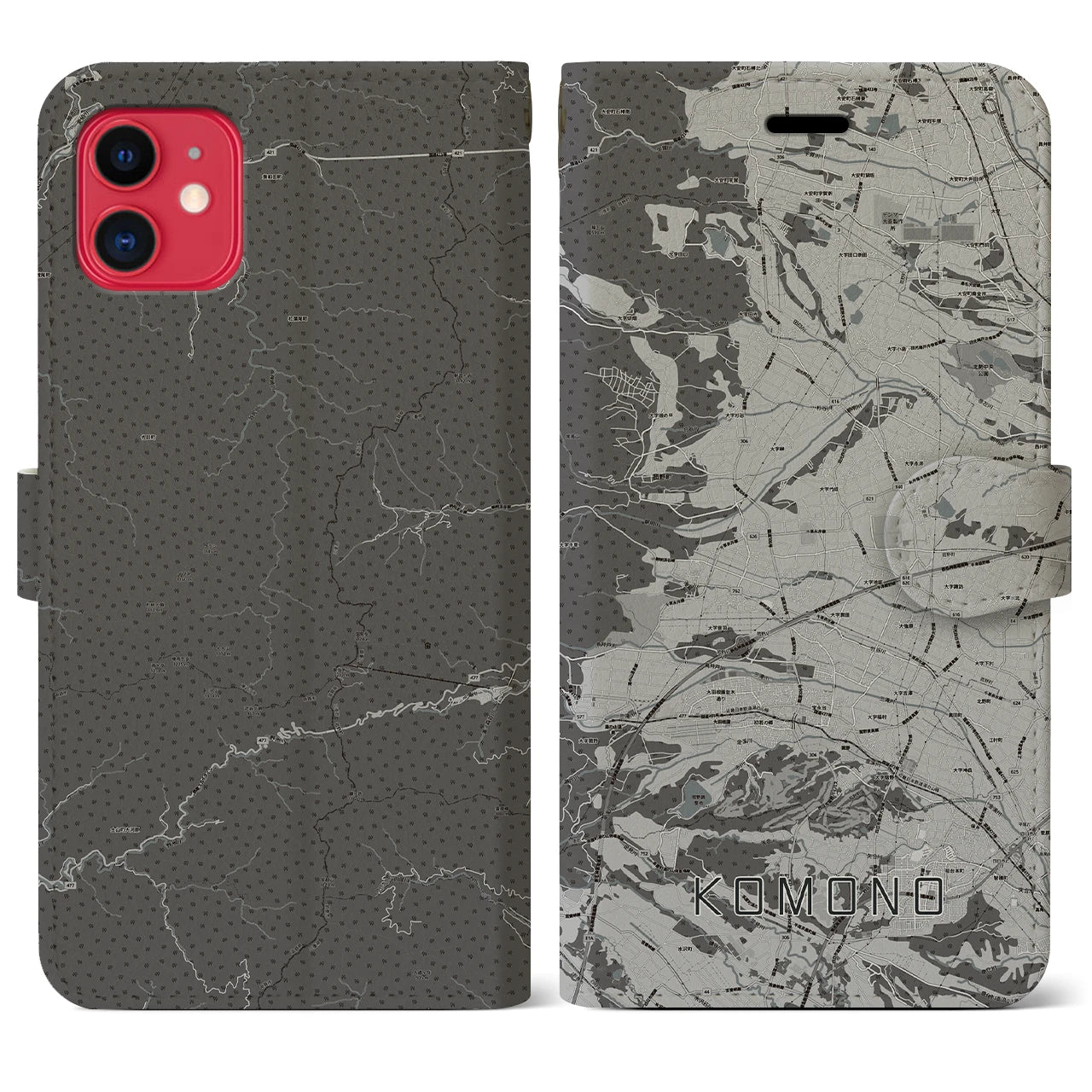 【菰野(三重県)】地図柄iPhoneケース(手帳タイプ)モノトーン・iPhone 11 用