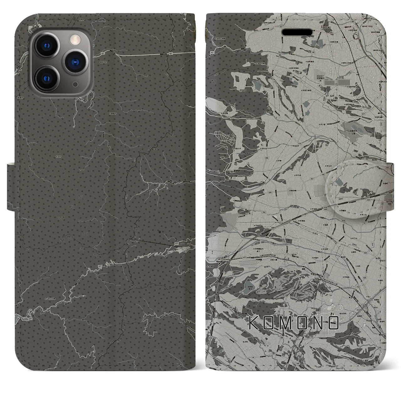 【菰野(三重県)】地図柄iPhoneケース(手帳タイプ)モノトーン・iPhone 11 Pro Max 用