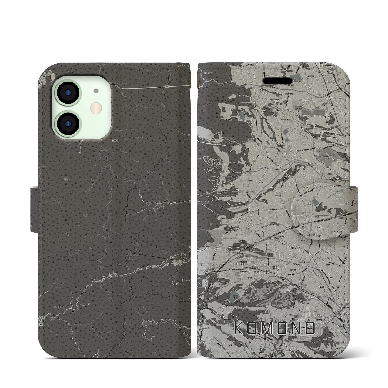 【菰野(三重県)】地図柄iPhoneケース(手帳タイプ)モノトーン・iPhone 12 mini 用