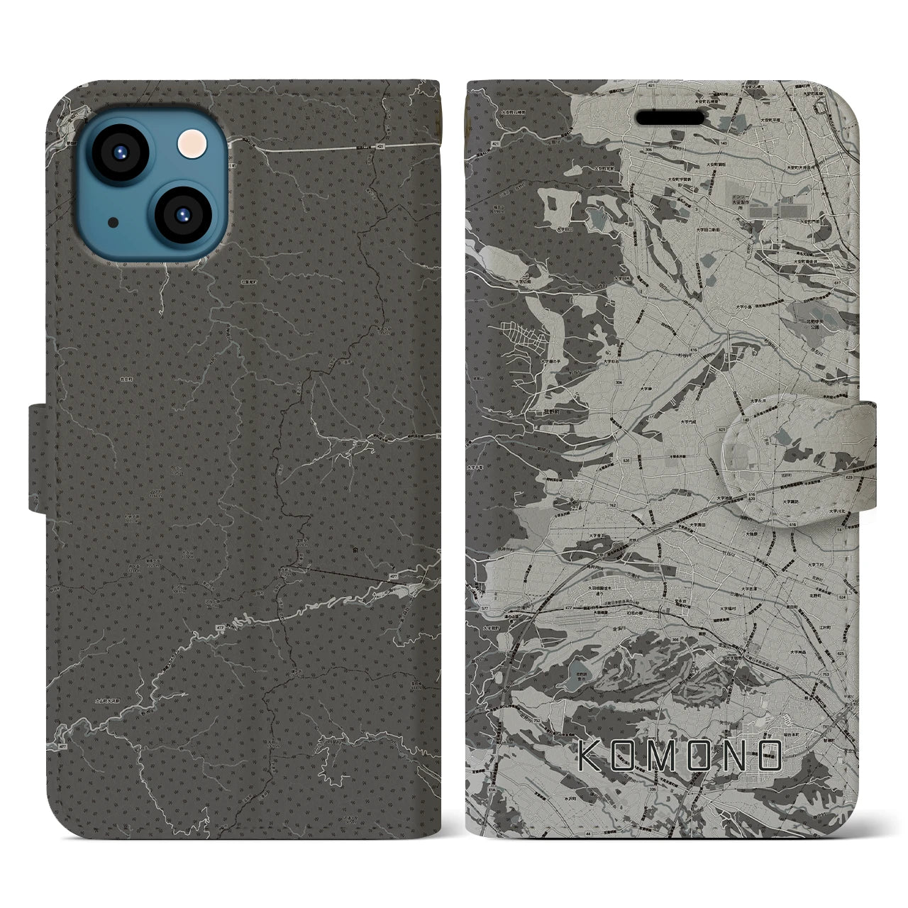 【菰野(三重県)】地図柄iPhoneケース(手帳タイプ)モノトーン・iPhone 13 用