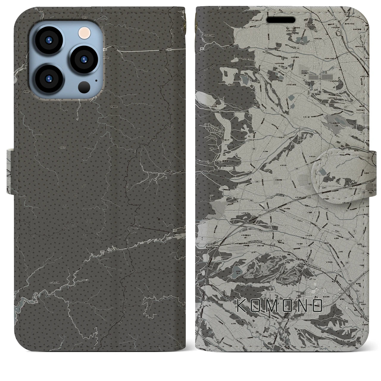 【菰野(三重県)】地図柄iPhoneケース(手帳タイプ)モノトーン・iPhone 13 Pro Max 用