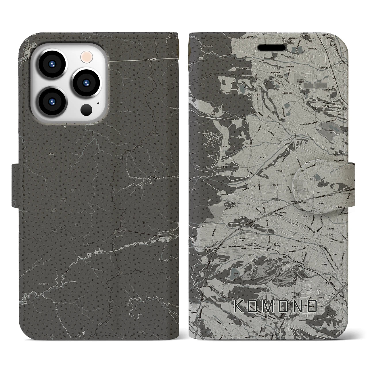 【菰野(三重県)】地図柄iPhoneケース(手帳タイプ)モノトーン・iPhone 13 Pro 用