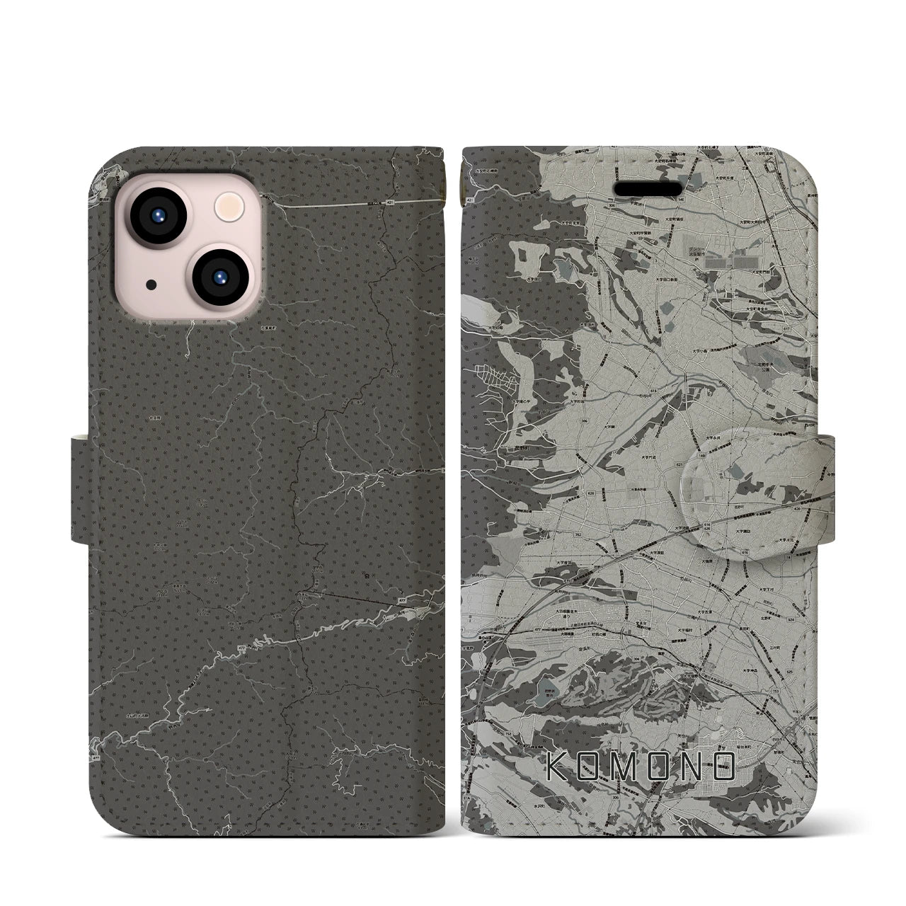 【菰野(三重県)】地図柄iPhoneケース(手帳タイプ)モノトーン・iPhone 13 mini 用