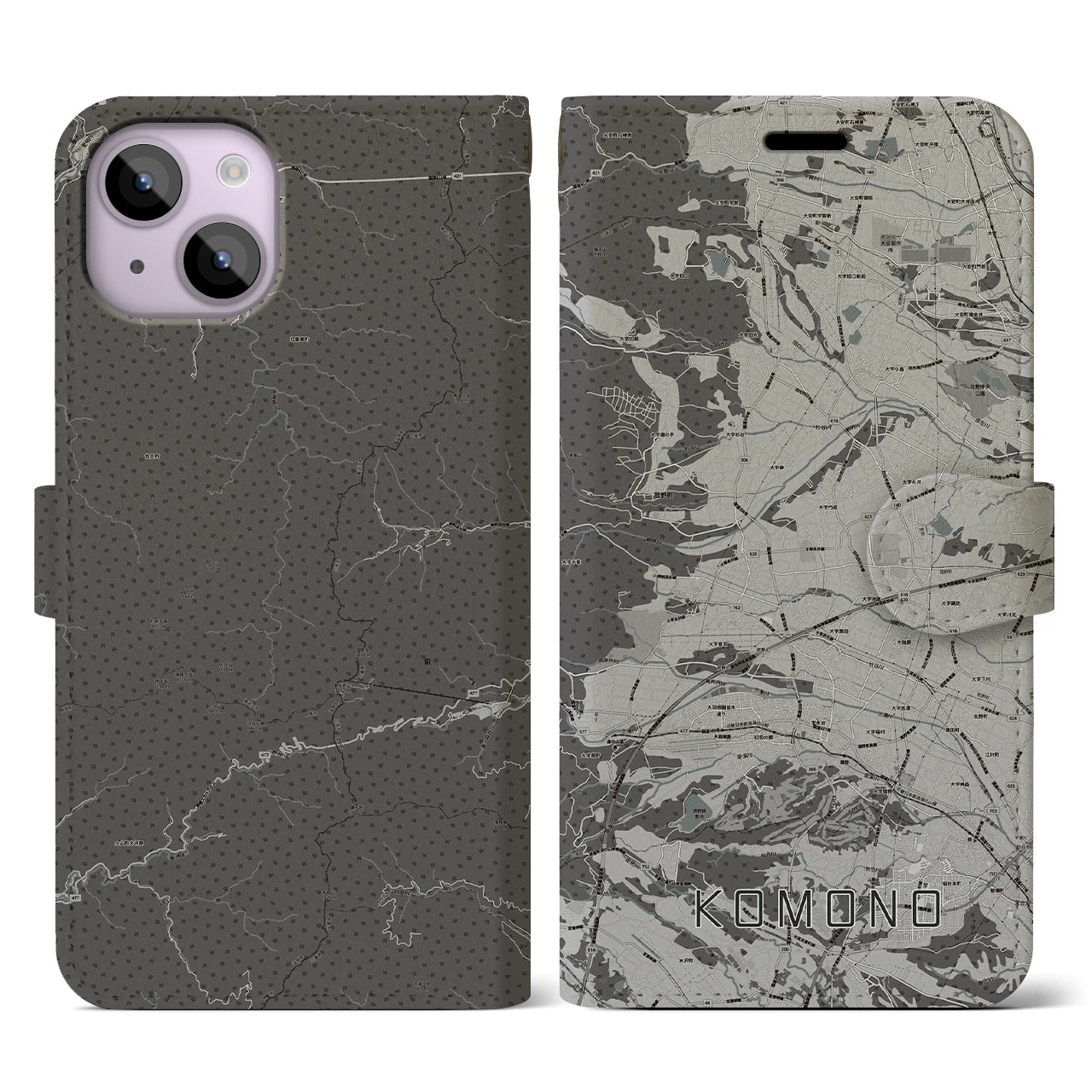 【菰野(三重県)】地図柄iPhoneケース(手帳タイプ)モノトーン・iPhone 14 用