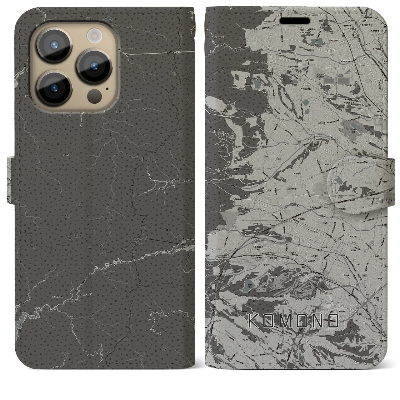 【菰野(三重県)】地図柄iPhoneケース(手帳タイプ)モノトーン・iPhone 14 Pro Max 用