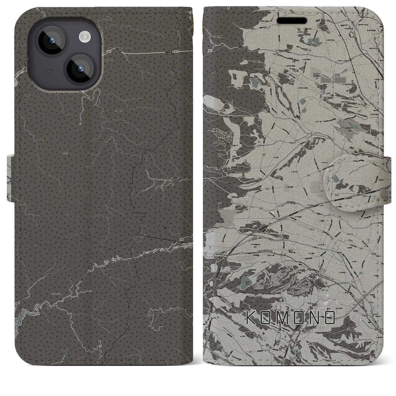 【菰野(三重県)】地図柄iPhoneケース(手帳タイプ)モノトーン・iPhone 14 Plus 用