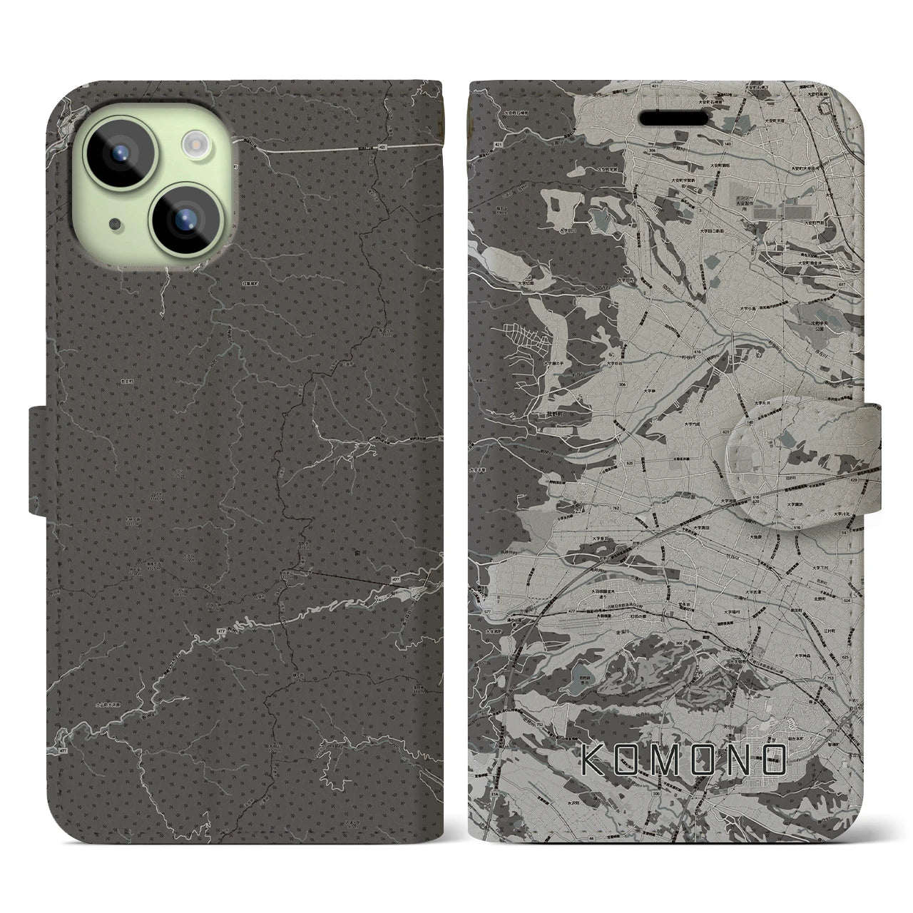 【菰野(三重県)】地図柄iPhoneケース(手帳タイプ)モノトーン・iPhone 15 用