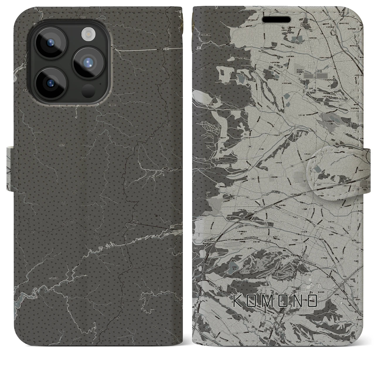 【菰野(三重県)】地図柄iPhoneケース(手帳タイプ)モノトーン・iPhone 15 Pro Max 用