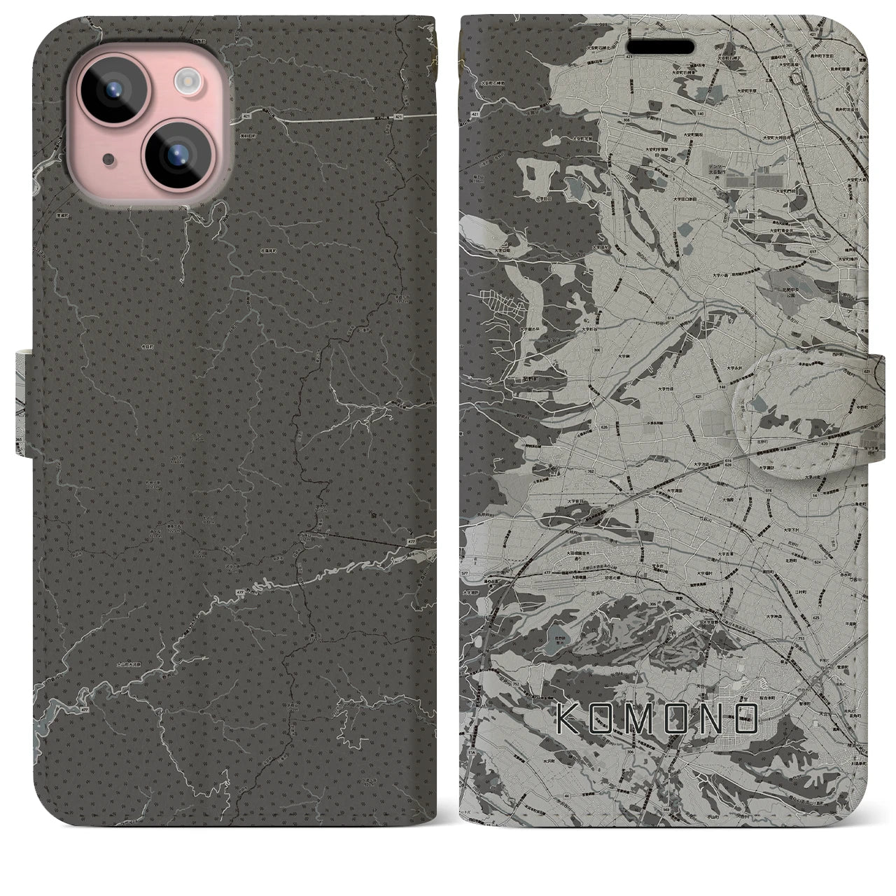 【菰野(三重県)】地図柄iPhoneケース(手帳タイプ)モノトーン・iPhone 15 Plus 用