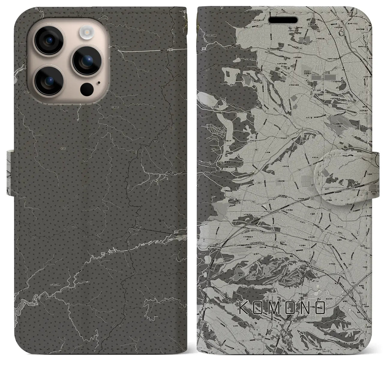 【菰野(三重県)】地図柄iPhoneケース(手帳タイプ)モノトーン・iPhone 16 Plus 用